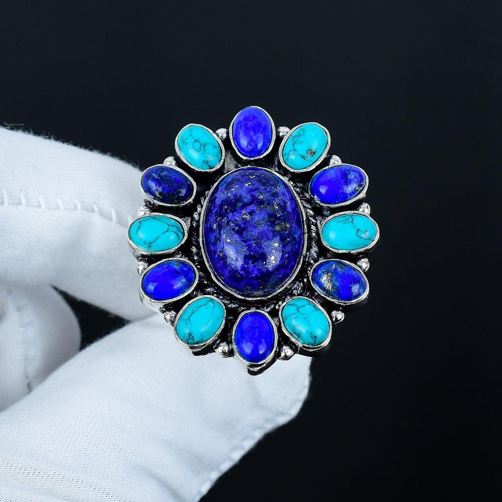 Turquoise, Lapis Lazuli Gemstone Ring, 925 Sterling Silver Ring, Gift For Her, Oval Stone ,Elegant Handmade Ring, Lapis Lazuli Flower Silver Ring