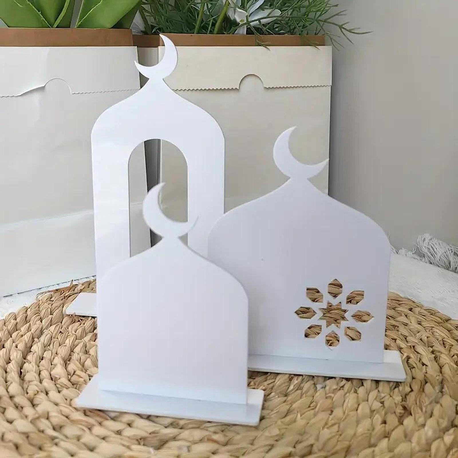 

3 Pieces Acrylic Ramadan Decorations 2D Eid Mubarak Decor Castle Sign for Desk 15.2x5cm 13.5x10cm білий