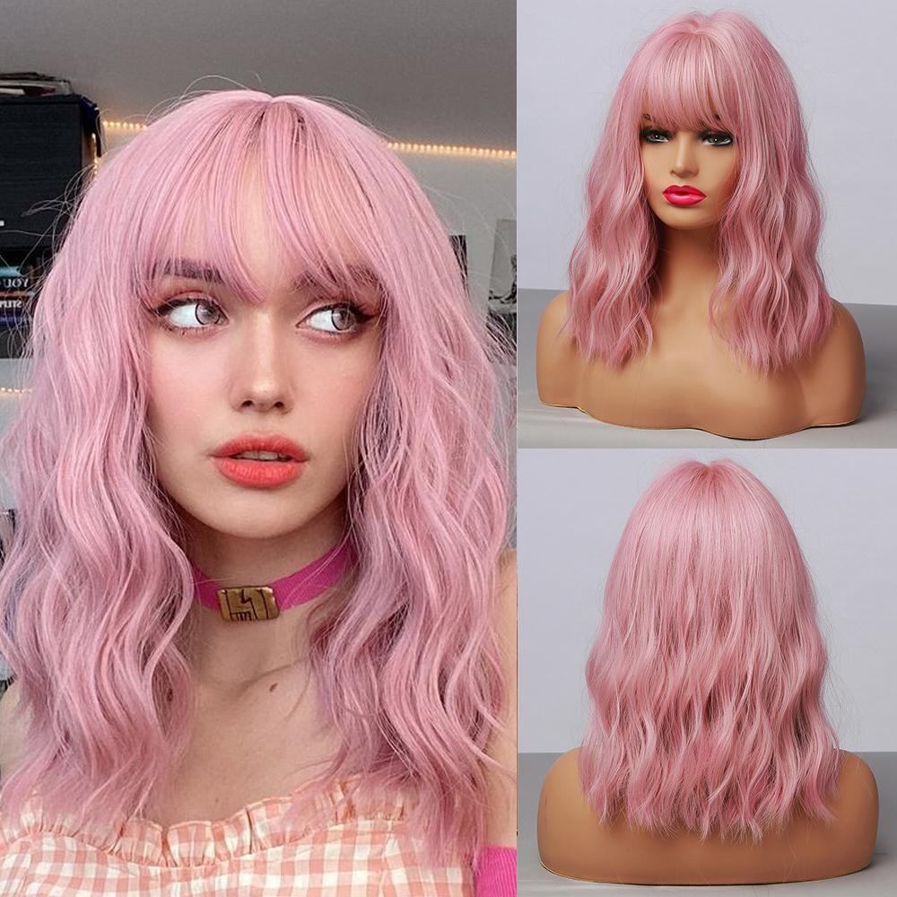 EASIHAIR Light Brown To Platinum Ombre Synthetic Wigs for Women Short Wavy Cosplay Lolita Natural Hair Wig with Bangs Heat Resistant