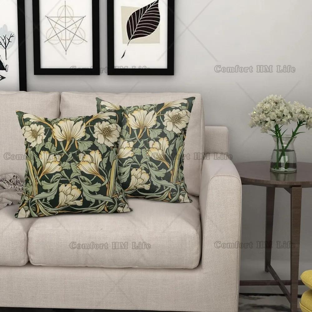 Green Pillow Covers 18x18 Inch Set of 2 Yellow and White Vintage Flower Pillowscase Cotton Linen Square Cushion Covers Decor