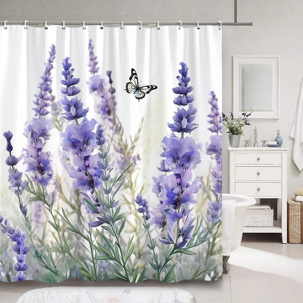 Purple Lavender Shower Curtain Fluttering Butterfly Botanical Flower Watercolour Art Painting Shower Curtain Bathroom Decoration 90x180cm