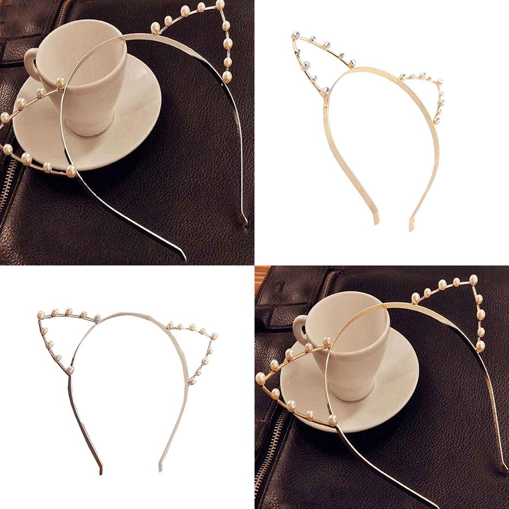 Alloy Cat Ear Headband Pearl Rinestone Hairband Headwear Costume Fancy Party