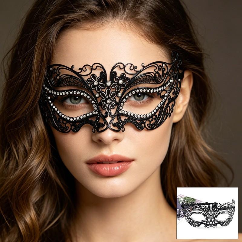 Halloween Metal Half Face Mask With Rhinestones Black Adult Cosplay Party Masquerade