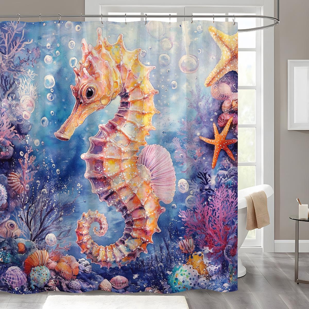 

1 Bright Seahorse And Sea Life Shower Curtain - Polyester With Colorful Corals, Shells And Bubbles, Perfect For Bathroom Decor W60H190(CM)-1 Pcs