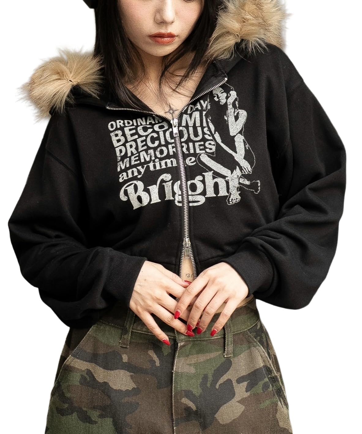 

WEGO Fur Hooded Short Zip Korean Size Black Women s Hoodie, Outerwear, Streetwear, Style, Fall/Winter Outfit, Gift, F,