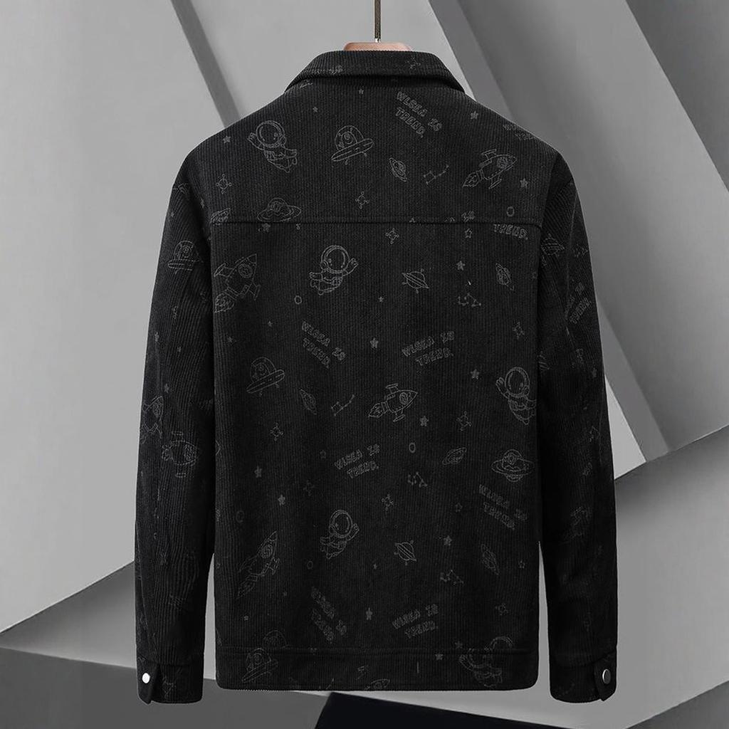Men's Corduroy Lapel Space Print Jacket Casual Comfortable Mature Style Coat
