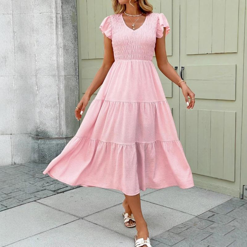 Women V Neck Short Sleeve Midi Dress With Smocked Bodice And Tiered Ruffle Hem S