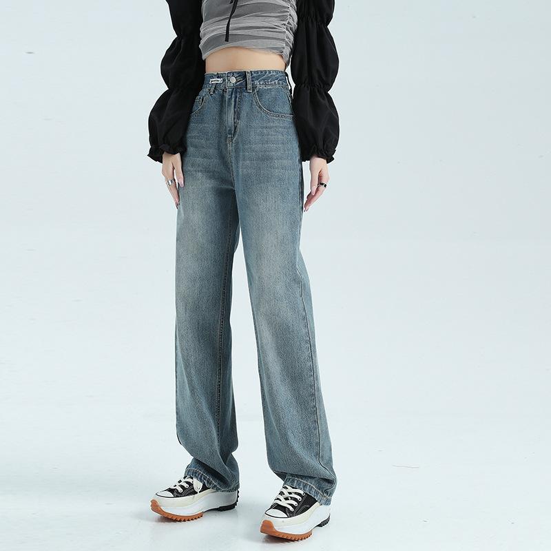 Women's Autumn and Winter Loose High Waist Wide-leg Pants for Women's Autumn and Winter Straight-leg Fur Trousers Retro Blue Floor