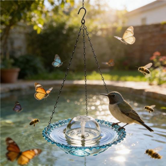 USB-Powered Fountain Bird Bath Hanging Bird Bath Fountain Outdoor Hummingbird Feeder Bath Bowl Attracts Wild Birds for Garden Decoration