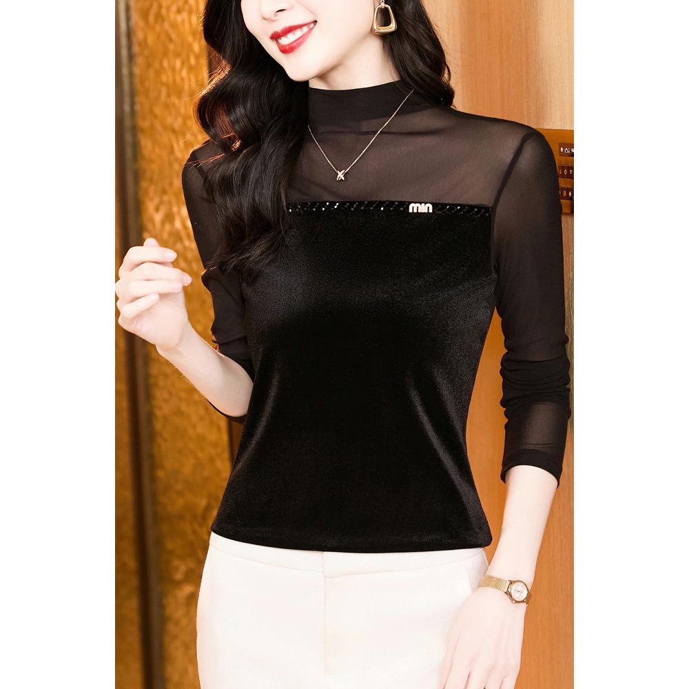 Women's Spring 2026 Light Luxury Beaded Velvet Patchwork Mesh Long Sleeve Top