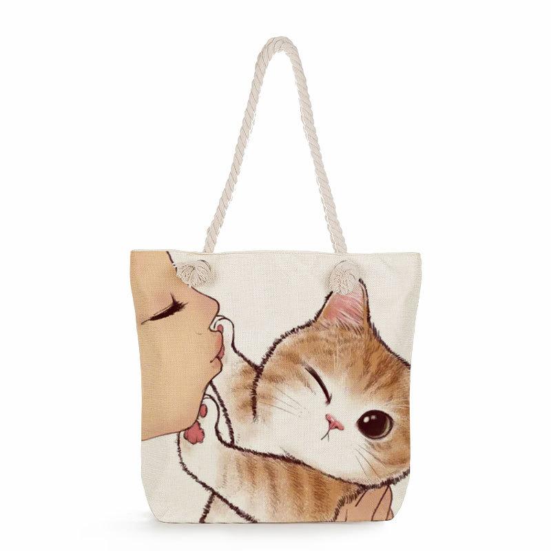 Multifunctional Cute cat Printed Thick Rope Shoulder Beach Bag 7584