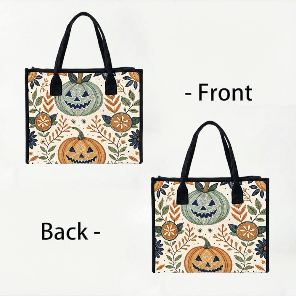 Boho Halloween Pumpkin Tote Bag Folk Floral Print Large Casual Shoulder Handbag for Fall Daily Use