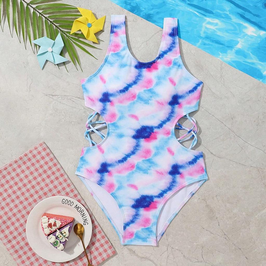 Girls One Piece Swimsuit Tie Dye Gradient Print Cut Out Sides Sleeveless Beachwear Active Swimwear for Kids