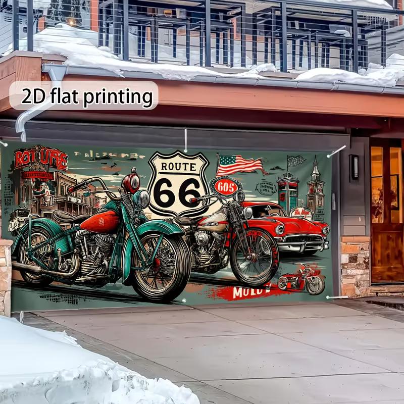 Toile de fond polyester Route 66 2D, Arrière-plan Vintage Moto Biker pour Fête de Biker & Décor Mural