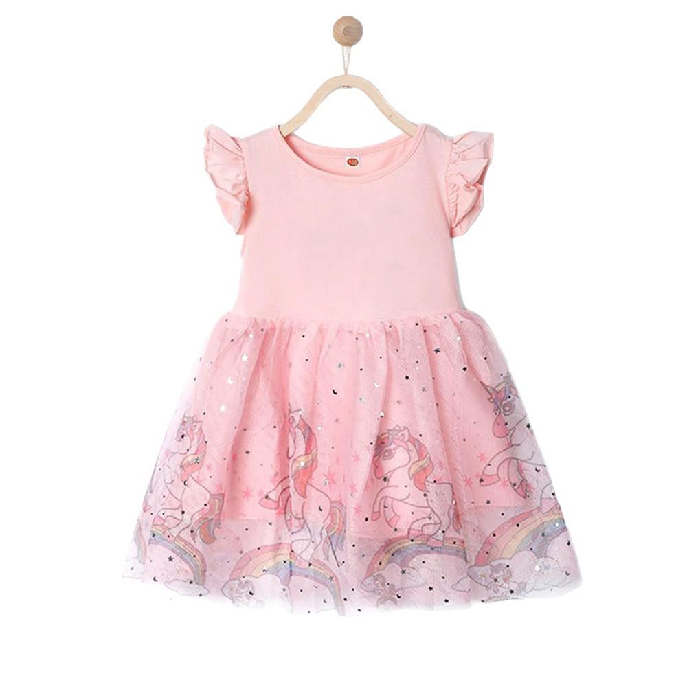 Sommer Mädchen Kurzarm Prinzessin Einhorn Kleid mit Tüllrock