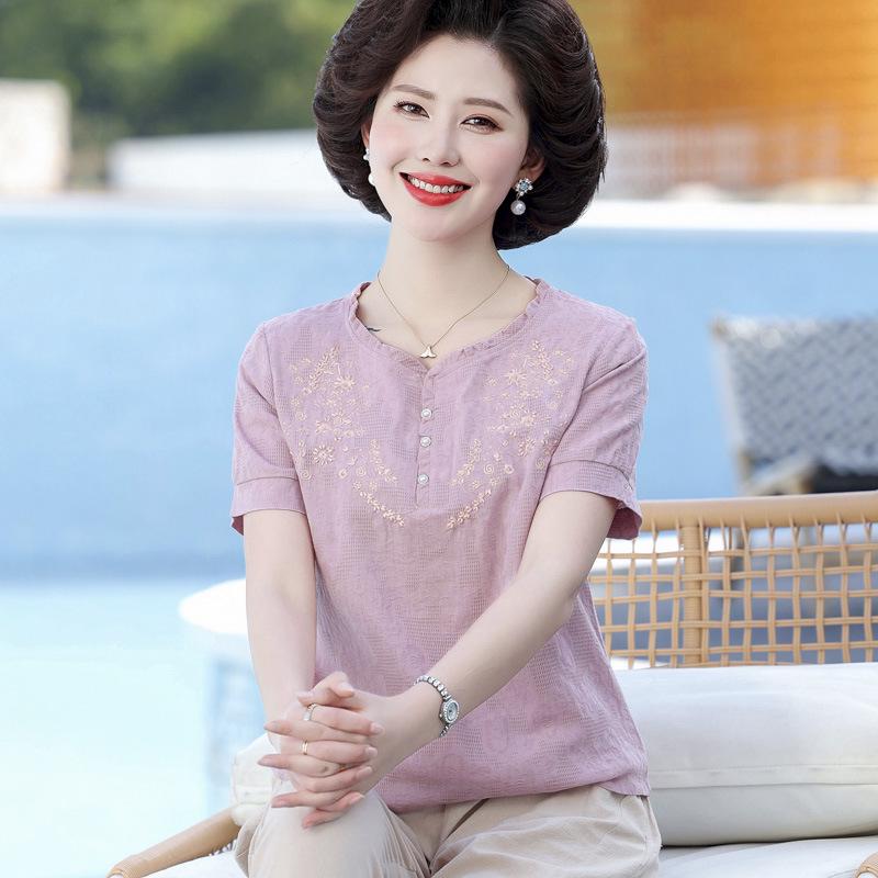 Stylish Summer Cotton Linen T-shirt & Small Cardigan for Moms, Mother-in-law Gift, Middle-aged & Elderly Women's Thin Top