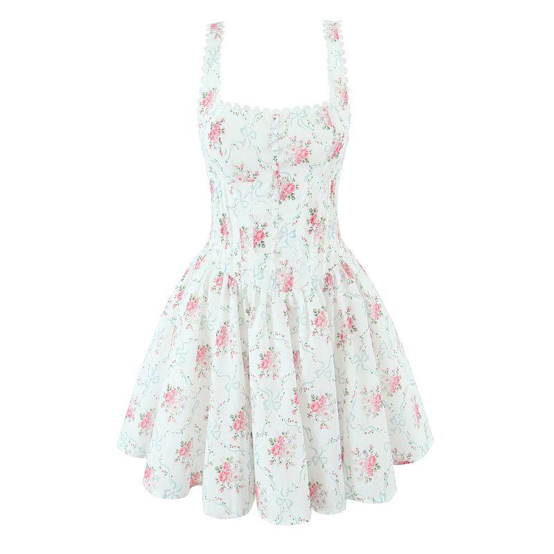 

Rose Xiaoyu House Same Sweet Light Cream Rose Print Bowknot Decoration Waist Hugging Sling Dress Rose Xiaoyu L