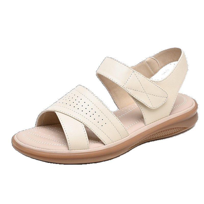 Sandales plates en cuir pour femmes, été nouveau, antidérapantes, confortables, polyvalentes, chaussures à semelle souple