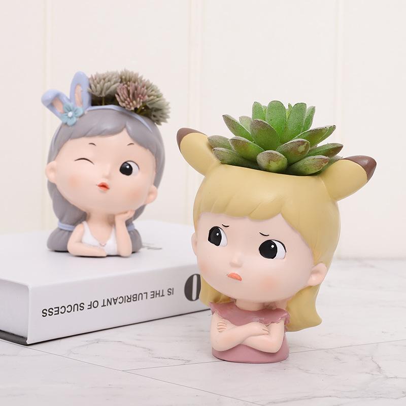 Cute Girl Mini Garden Pot, Cartoon Portrait Flower Pots for Succulents Planter, Fairy Garden Decorative Figurine Desktop Decor