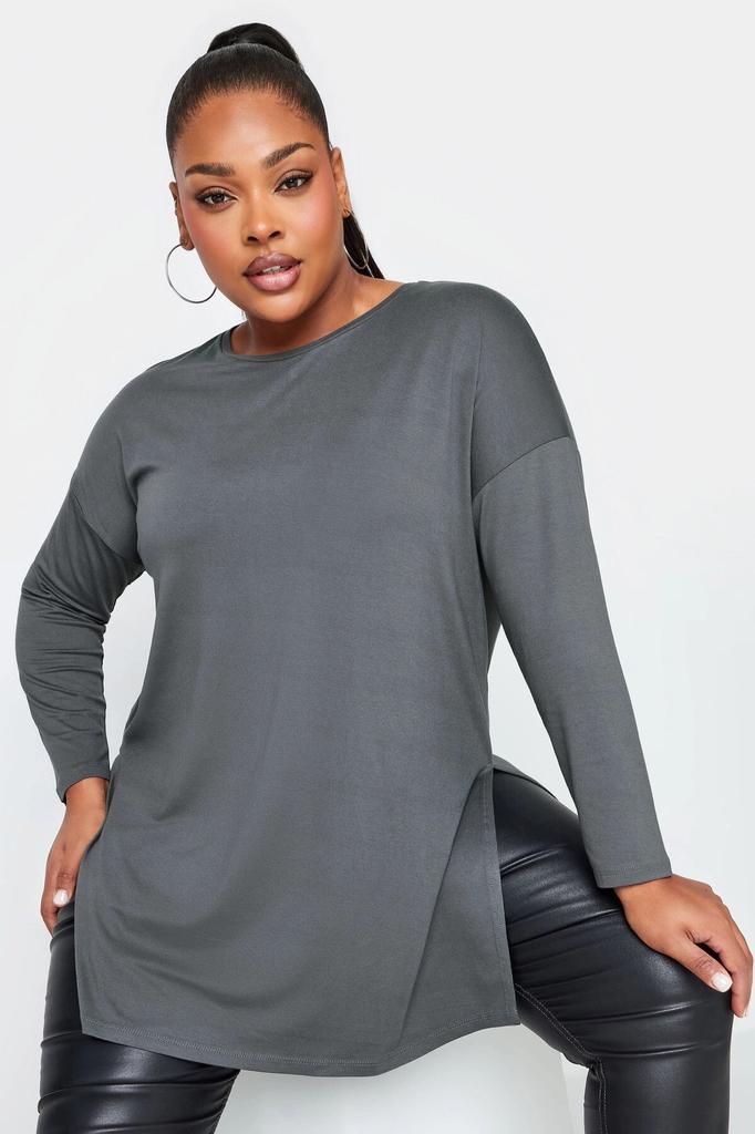 Women's Big Size Blouse Plus Size Crew Neck Slit Detailed Long Sleeve Oversize Blouse 321293