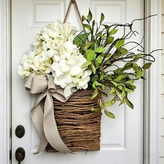Faux Hydrangea Door Hanger Basket Wreath Spring Summer Artificial Flower in Wicker Basket with Bow Front Door Hanging Flower Basket for Home Farmhouse