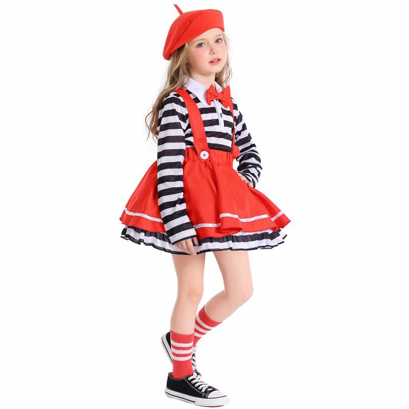 Red Suspender Dress With Black White Stripes Girls Halloween Costume Clown Performance Outfit