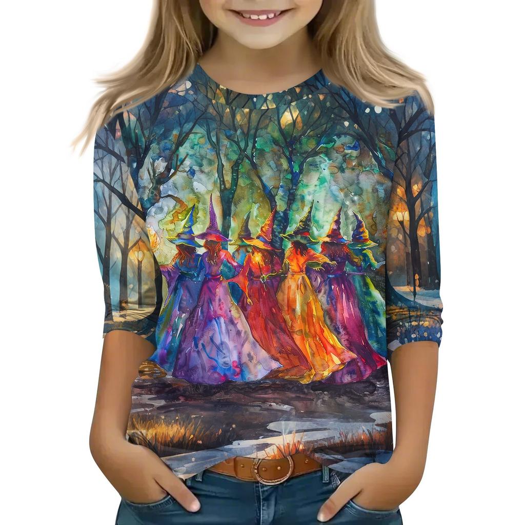 Children's 3/4 Sleeve Tops Casual Halloween Print T Shirt Round Neck Pullover Blouse