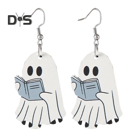 Halloween Ghost Earrings Wood Ghost Holding Book Earrings Halloween Party Jewelry for Women Makeup And Everyday Wear