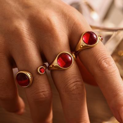 Garnet Red Stainless Steel Rings For Women Garnet Gold Plated Waterproof Round Ring Charm Luxury Jewelry Gift