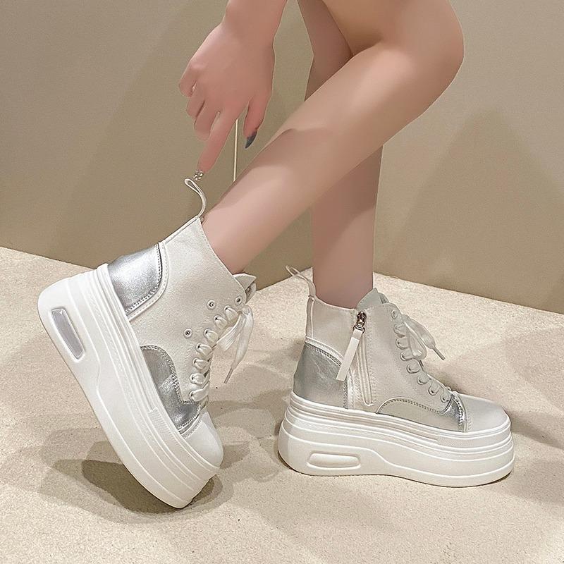 Fashion 8CM Autumn Spring Boots Women High Platform Sneakers Height Increasing Ankle Boots Thick Sole ZIP Breathable Canvas Women shoes