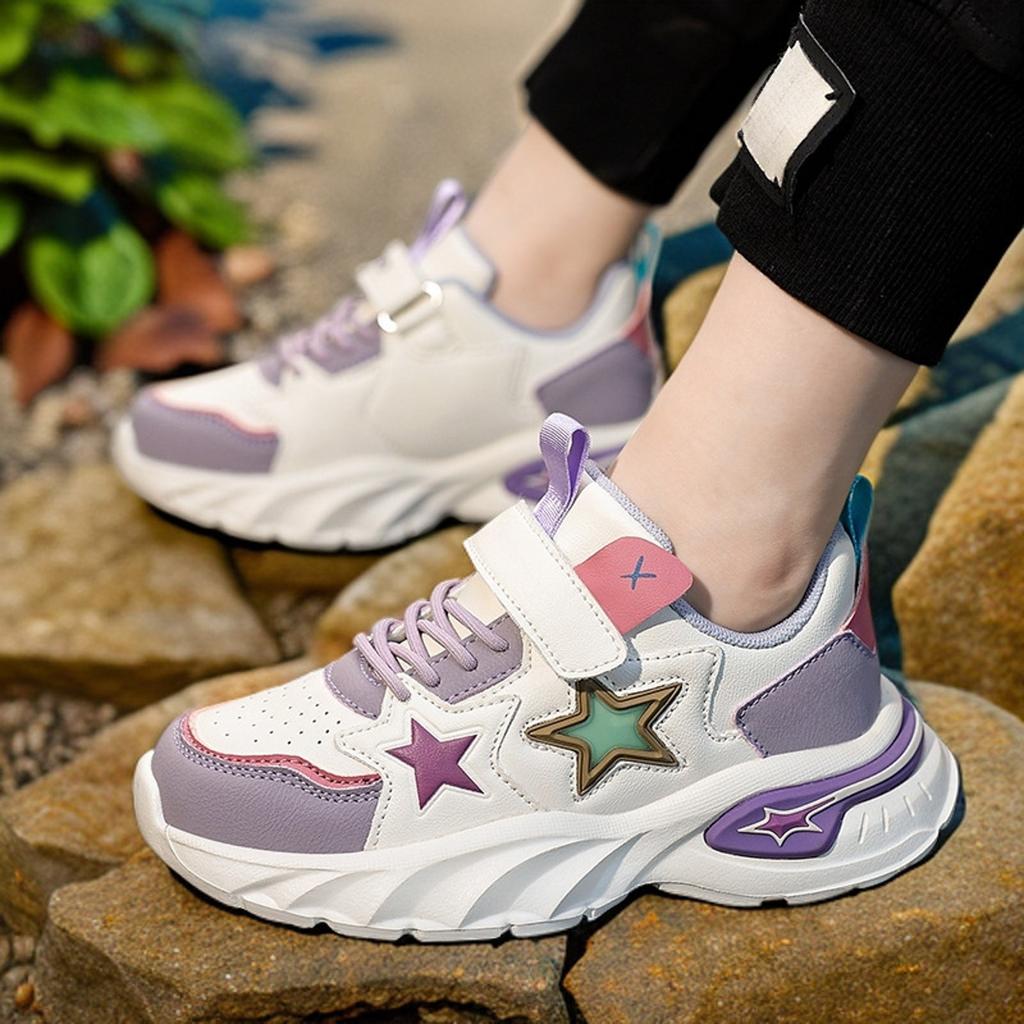 PU Leather Sport Shoes For Boys Girls Fashion Teenager Kids Sneakers Lace Up Buckles Anti-Slip Soft-Soled Running Shoes Children
