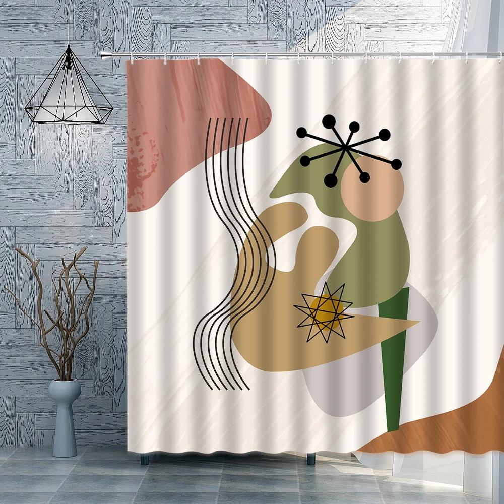 Abstract Leaves Shower Curtain Set Creative Geometry Mid-century Boho European-style Fabric Decor Bathroom Curtain Hook Washable