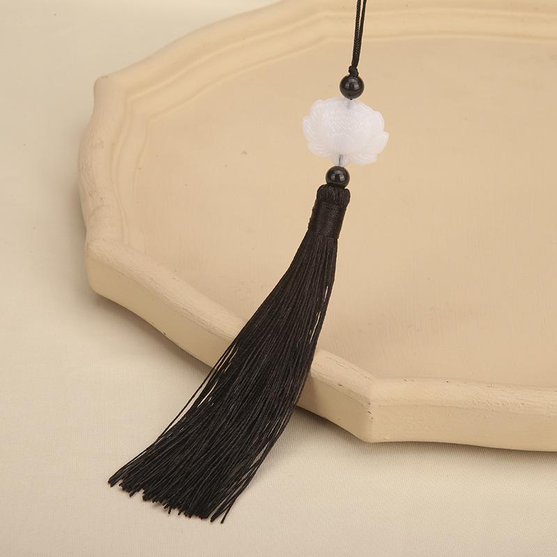 Double-Sided White Jade Lotus Tassel Fan Pendant - Antique Decoration Accessory