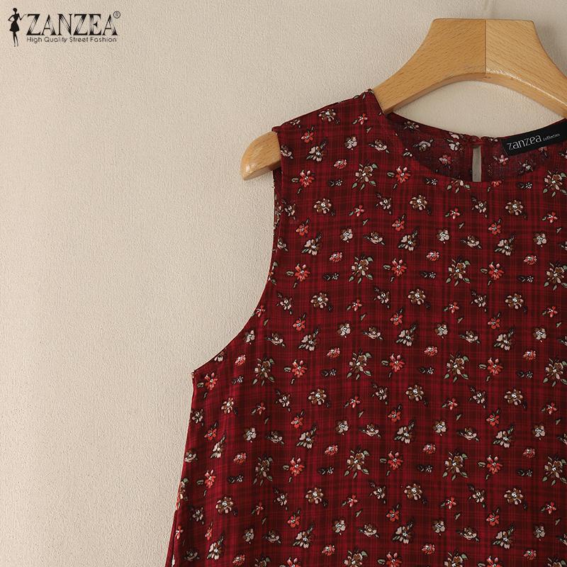 ZANZEA Women Summer Round Neck Casual Sleeveless Floral Dress