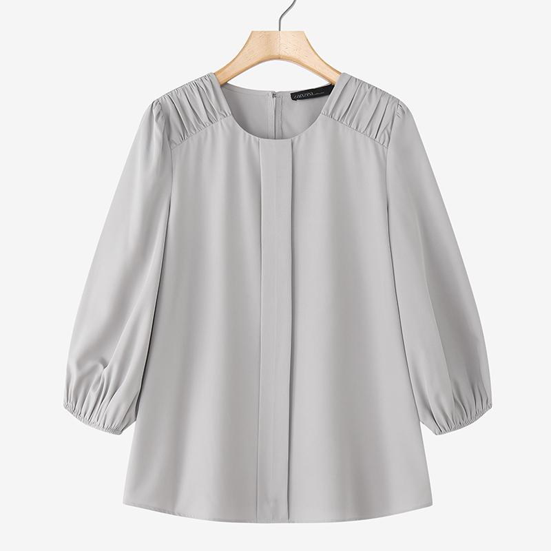 

ZANZEA Женская повседневная однотонная блузка с круглым вырезом и длинным рукавом