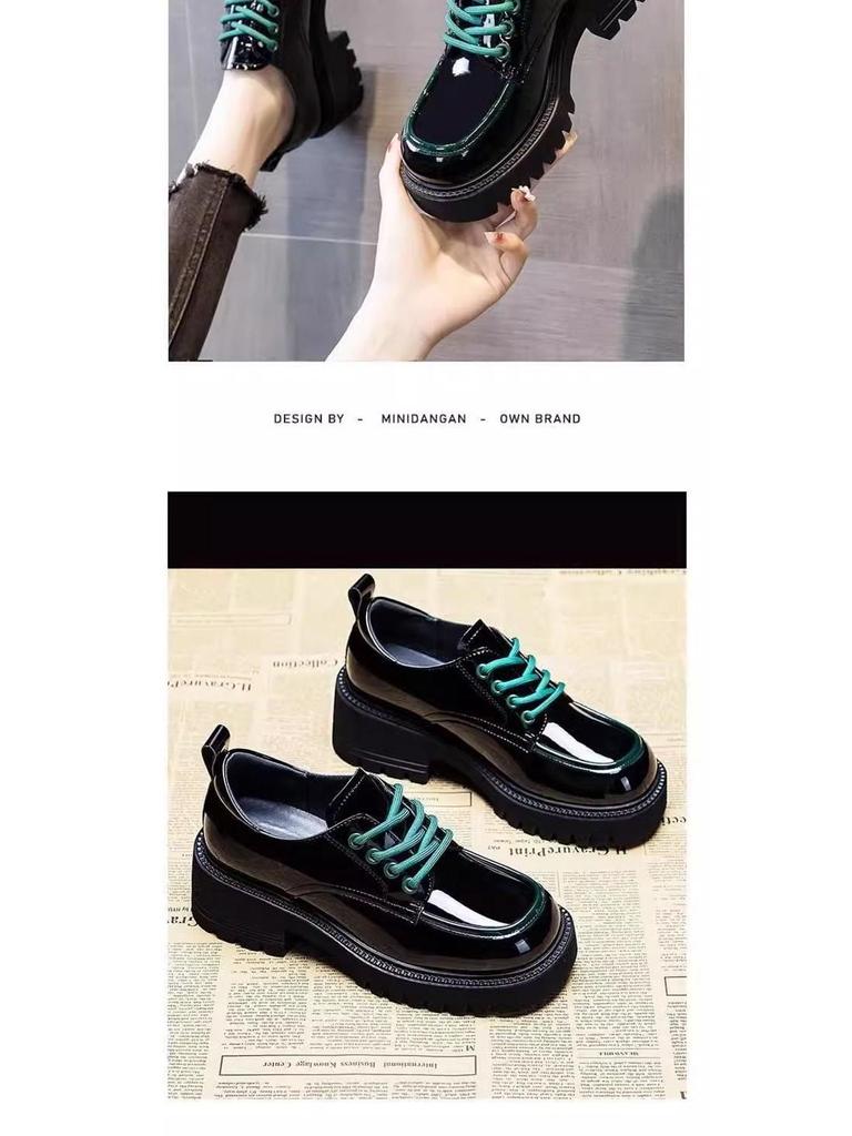 2025 Retro British Style Women's Shiny Leather Lace-Up Platform Loafers