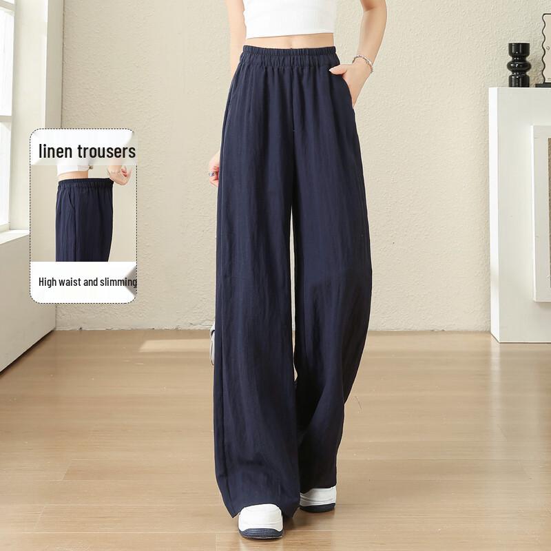 Women s High-Waist Lyocell Linen Blend Wide-Leg Casual Trousers S