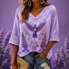 Women's 3D Print V-Neck Loose Fit Three-Quarter Sleeve T-Shirt