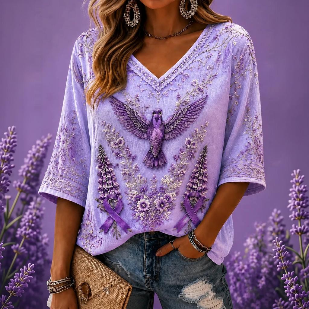Women's 3D Print V-Neck Loose Fit Three-Quarter Sleeve T-Shirt
