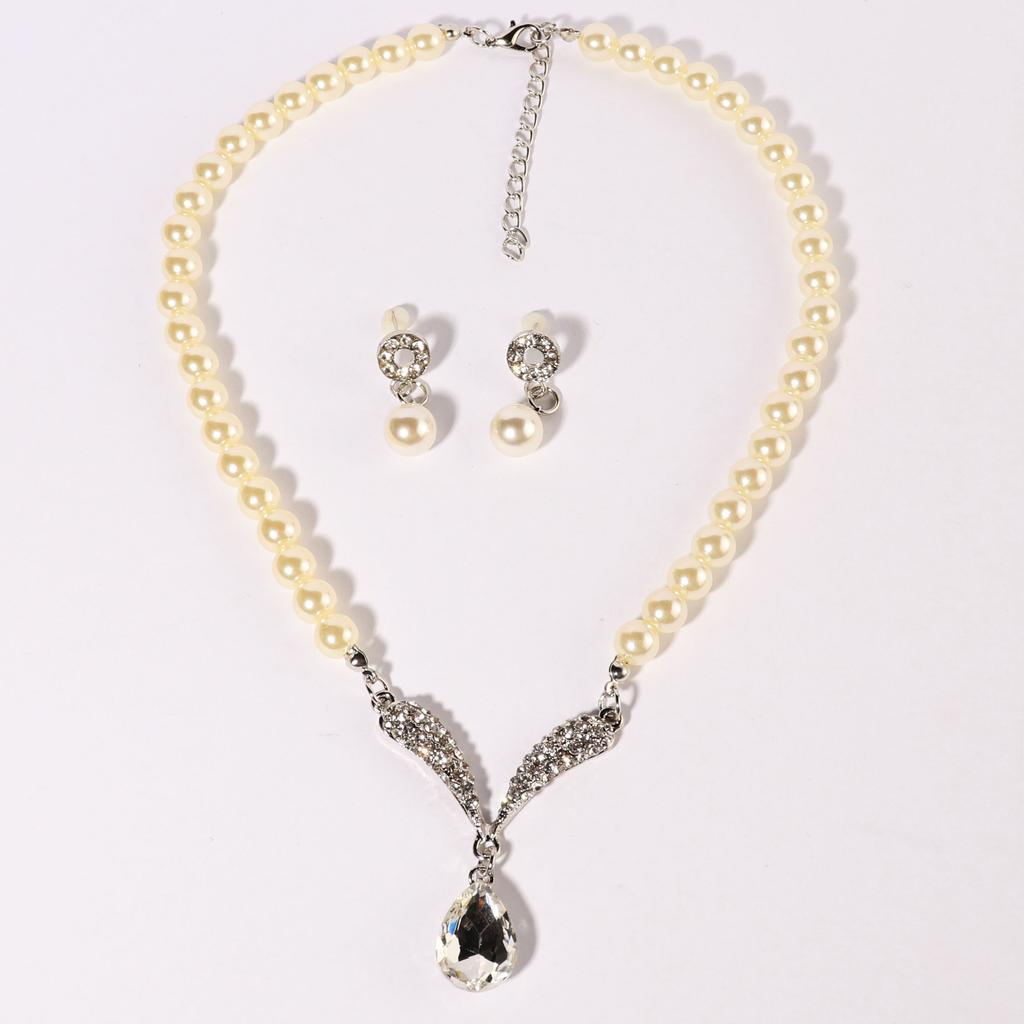 Schmuckset Perlenohrringe Brautaccessoires Strass Halskette Mode Breites 2-teiliges Set Legierung