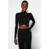 Schwarze drapierte Crop-Bluse mit hohem Kragen Twoaw24bz00164
