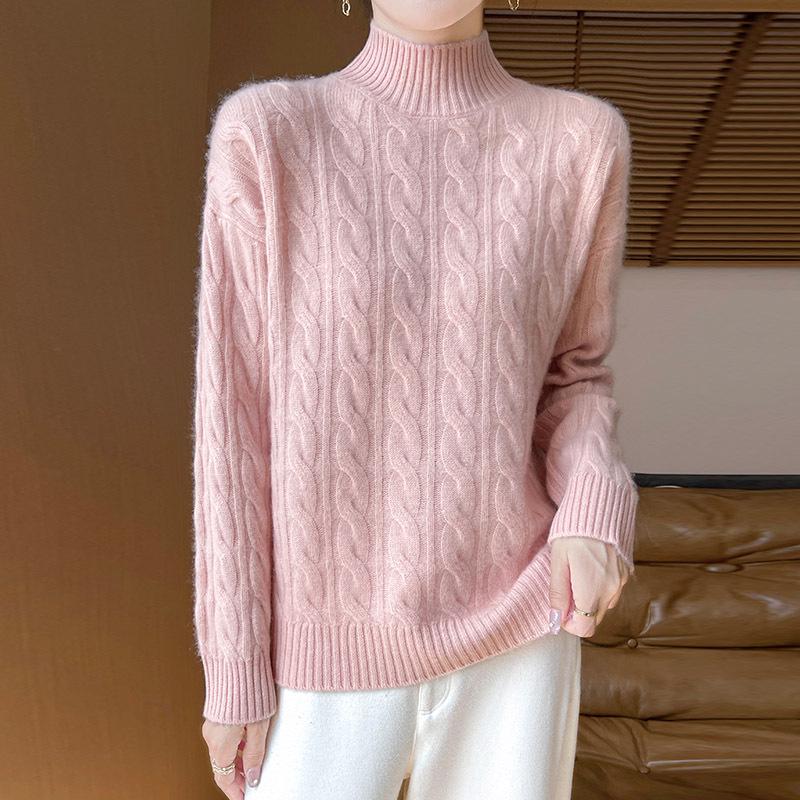 

Women s Cozy Cashmere Cable Knit Sweater – High Neck, Solid Color, Versatile and Warm Small розовый