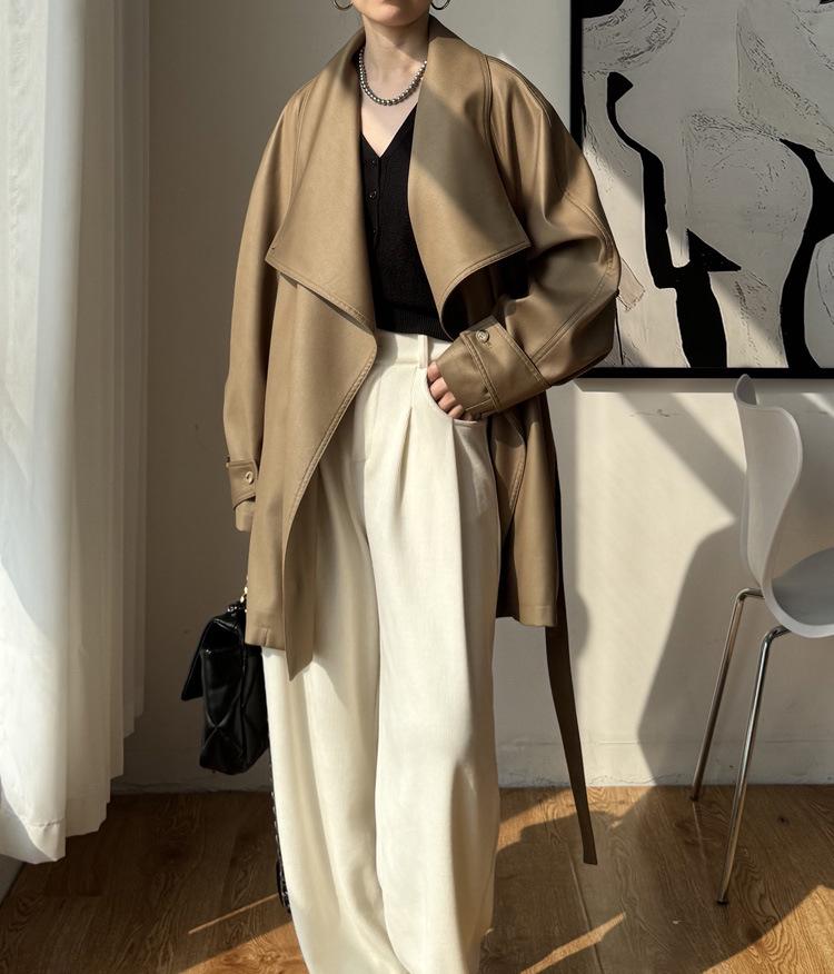 Khaki Women s Trench Coat: Elegant Tie-Waist, Large Lapel Small хаки