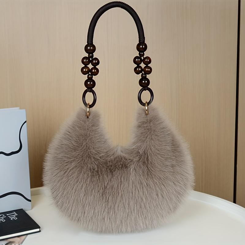 

1 шт. Женская искусственная сумочка - Плюшевая искусственная сумка-тоут и сумка через плечо с ремешком, украшенным бусинами, бусинами-шармами золотистого тона, застежка на молнию коричневый