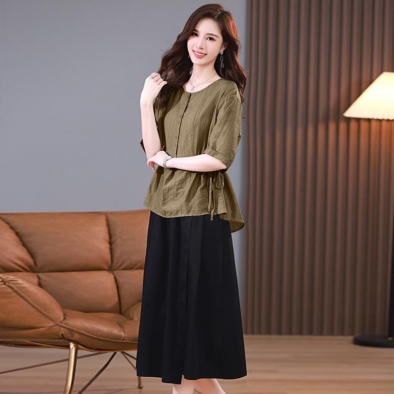 2025 Summer Fashion Tencel Two-Piece Set: Age-Reducing Mom Casual Blouse & Loose Midi Skirt