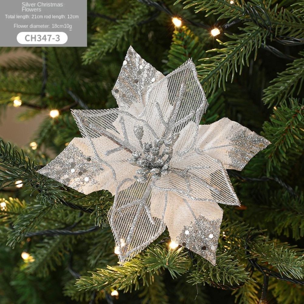 18cm Poinsettia Glitter Flower DIY Fake Flowers Christmas Flowers Large Hanging Ornaments Xmas Tree Decorations