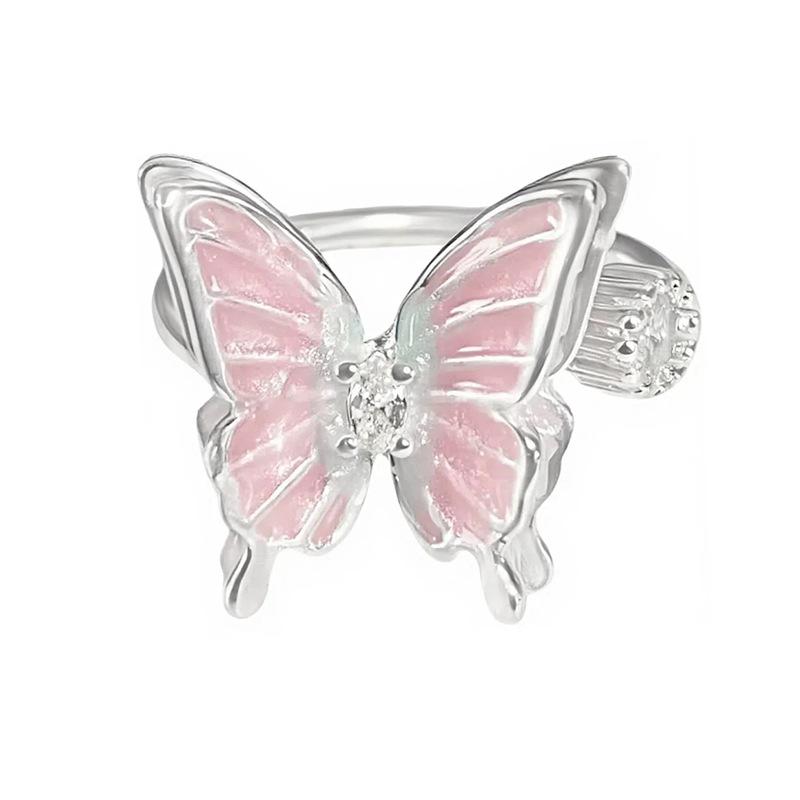 Süßer Altersreduzierender Weißer Rosa Emaille Schmetterling Blume Öffnungsring Superfairy Gestapeltes Tragen Mode Nische Zeigefingerring