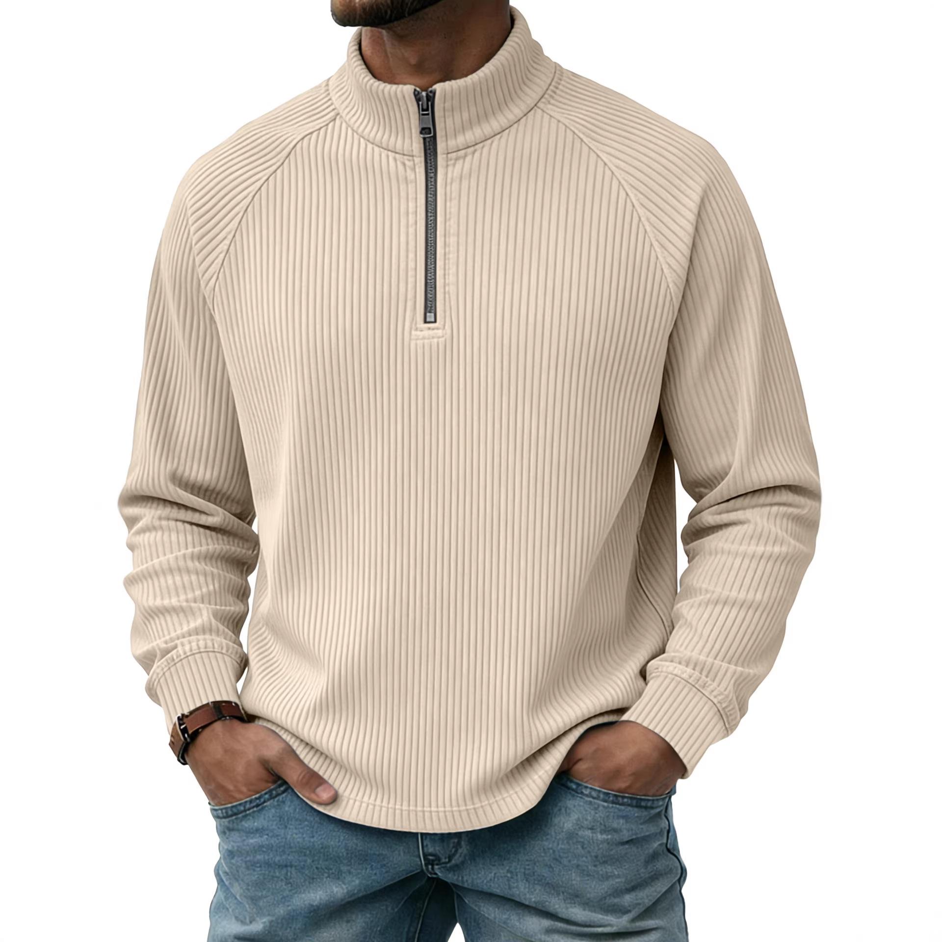 Mens Casual Long Sleeve Half Zip Vertical Striped Polo Shirt S хаки