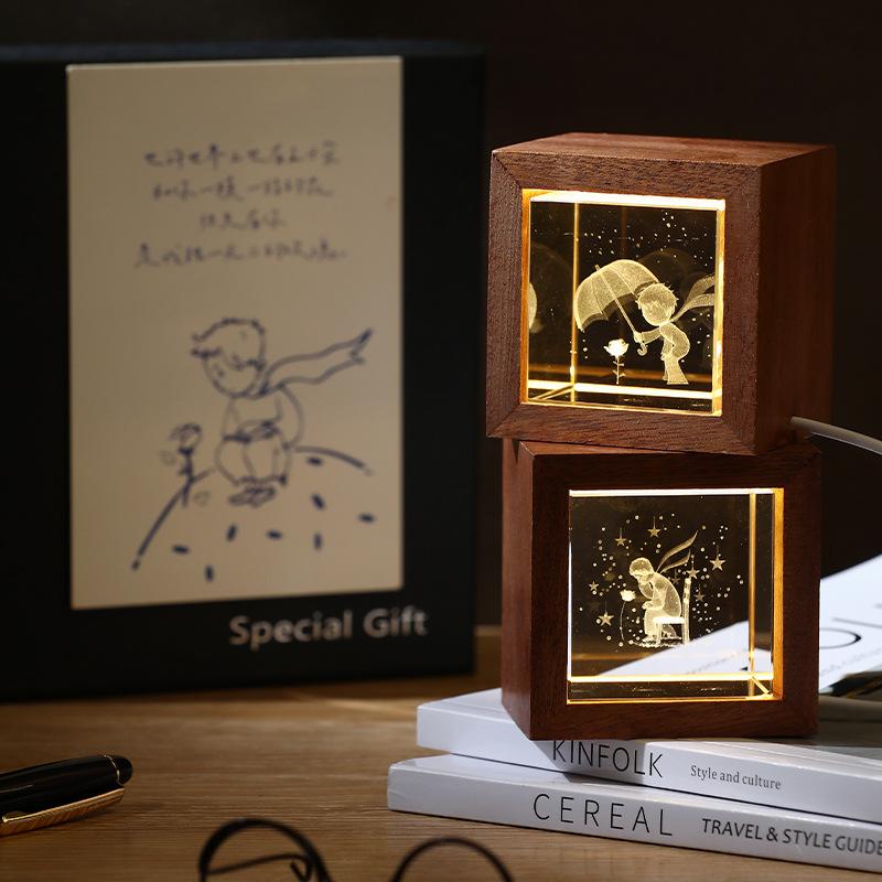 3D Galaxy Crystal Cube Night Light with Wooden Base - Illuminated Desktop Ornament, Perfect Birthday Gift