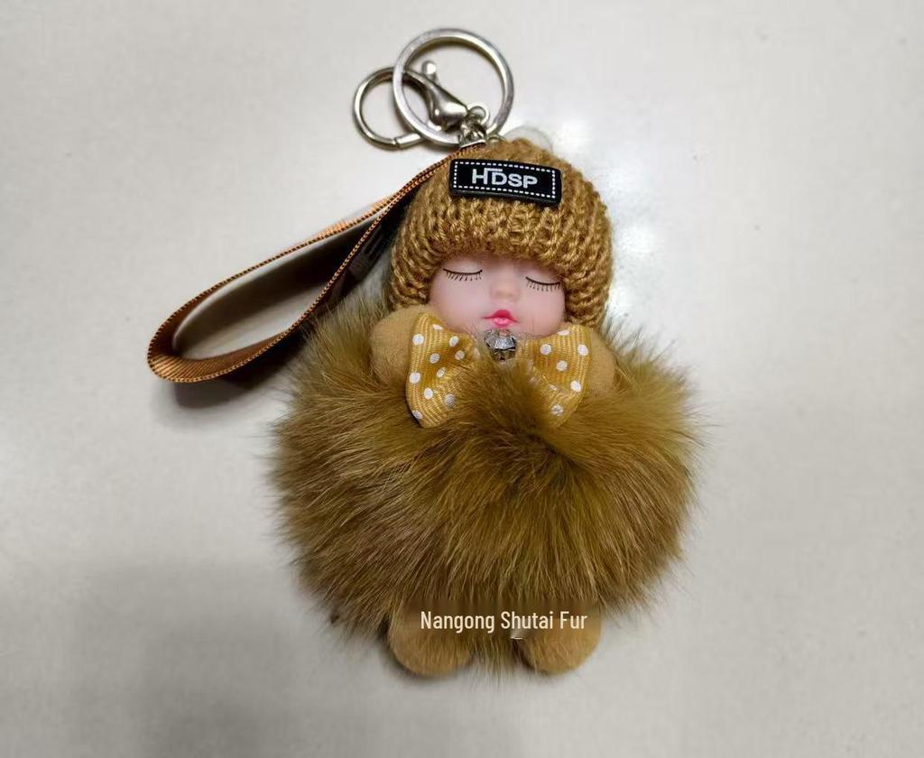 Genuine Fox Fur Sleep Doll Keychain Plush Pom-Pom Accessory